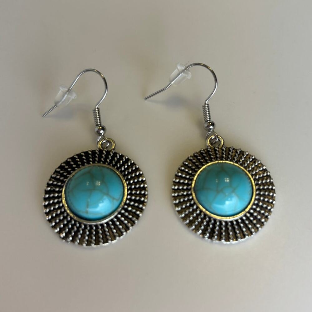 Turquoise Silver Tone Faux Western Boho Southwestern Cowgirl Earrings NEW